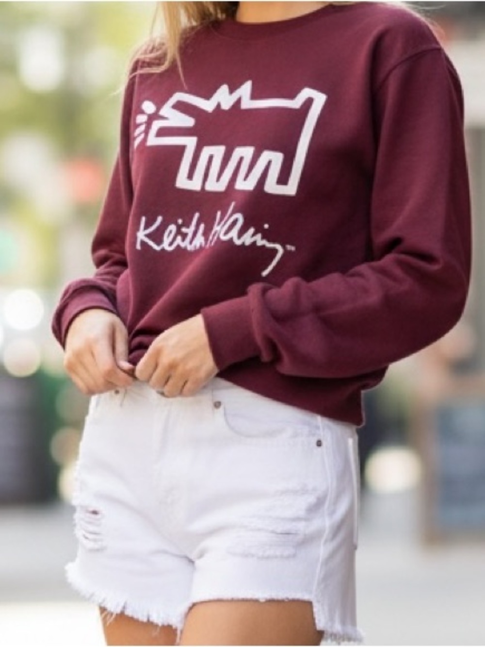 Keith Haring Signature Graphic Barking Dog Sweatshirt - Wine/Burgundy